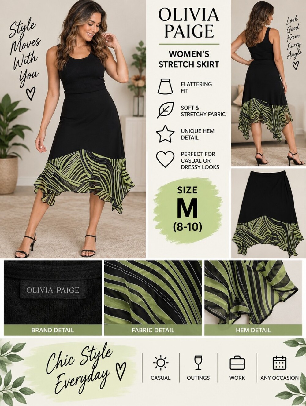 Olivia Paige Women's medium black green stretch skirt #29